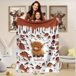 Personalized Cute Highland Cow Soft Throw Blanket Baby Swaddle Hat Set with Name Home Decor Anniversary Birthday Gift for Family Baby
