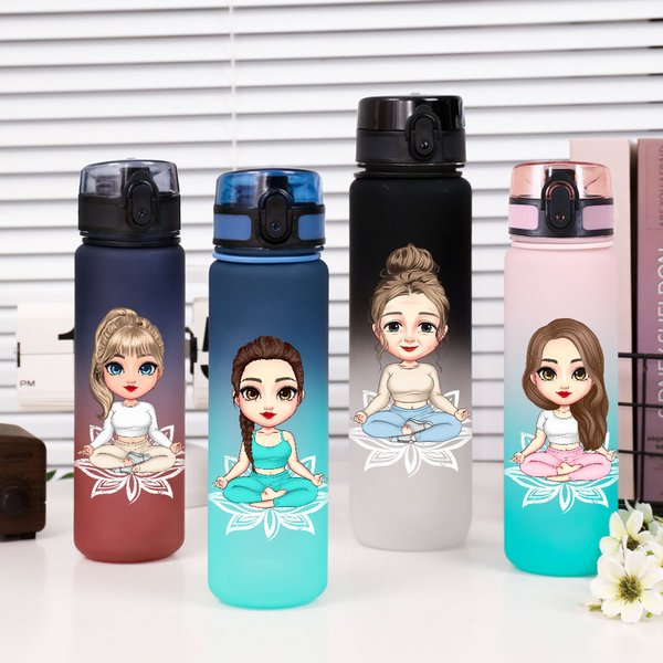 Personalized Cartoon Lotus Yoga Girl Name Gradient Sports Water Bottle with Flip Top Lid and Strap Birthday Gift for Women Yoga Lovers