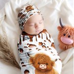 Personalized Cute Highland Cow Soft Throw Blanket Baby Swaddle Hat Set with Name Home Decor Anniversary Birthday Gift for Family Baby