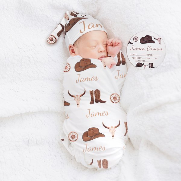 Personalised Cowboy Hat and Boots Soft Baby Swaddle Hat Bow Headband Set with Name Coming Home Outfit Baby Shower Birthday Gift for Newborns