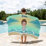 Personalised Cartoon Boy Girl Sunset Stripe Quick Dry Oversized Microfiber Beach Towel with Name Summer Travel Essential Vacation Gift for Kids