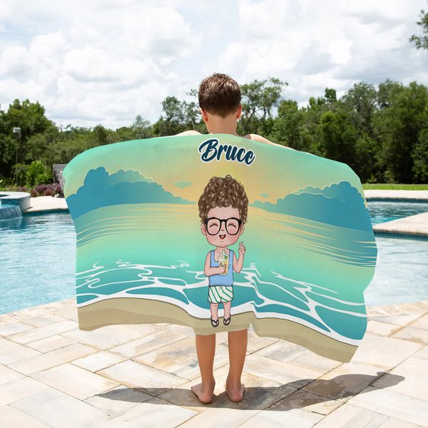 Personalized Cartoon Boy Girl Sunset Stripe Quick Dry Oversized Microfiber Beach Towel with Name Summer Travel Essential Vacation Gift for Kids