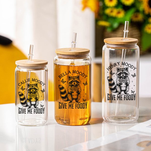 Give Me Foody personalizado lindo mapache 12 oz 16 oz 20 oz vaso de vidrio con tapa y pajita de regalo de cumpleaños de vacaciones para los amigos de la familia mapache amantes