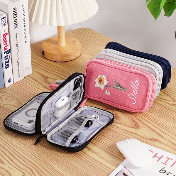 Personalized Portable Birth Flower Double Layer Cord Organizer Storage Bag with Name Office Travel Essential Birthday Gift for Women