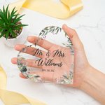 Personalized Eucalyptus Leaves Heart Acrylic Wedding Cake Topper with Couple Surname and Date Wedding Decor Gift for Bride