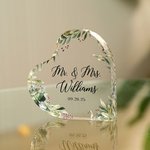 Personalized Eucalyptus Leaves Heart Acrylic Wedding Cake Topper with Couple Surname and Date Wedding Decor Gift for Bride
