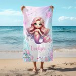 Personalised Cute 3D Cartoon Pink Fantasy Mermaid Quick Dry Oversized Beach Towel with Name Summer Holiday Birthday Gift for Girls Women