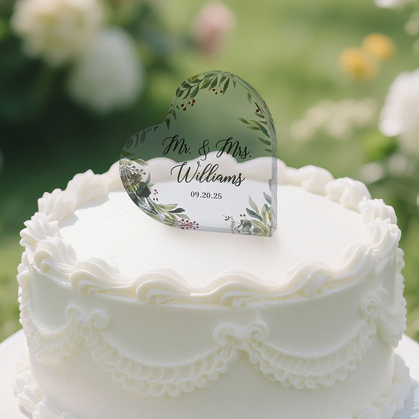 Personalised Eucalyptus Leaves Heart Acrylic Wedding Cake Topper with Couple Surname and Date Wedding Decor Gift for Bride