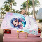 Personalised Cute 3D Cartoon Pink Fantasy Mermaid Quick Dry Oversized Beach Towel with Name Summer Holiday Birthday Gift for Girls Women