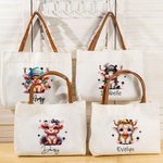Personalised Cute Highland Cow Canvas Tote Bag with Name and Leather Handle Travel Accessory Birthday Gift for Girls Highland Cow Lovers