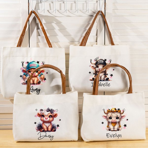 Personalised Cute Highland Cow Canvas Tote Bag with Name and Leather Handle Travel Accessory Birthday Gift for Girls Highland Cow Lovers