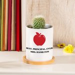 Personalized Apple Pencil Wisdom Icon Ceramic Plant Pot with Text and Bamboo Tray Office Desk Decor Appreciation Week Teacher's Day Gift for Teachers