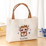 Personalised Cute Highland Cow Canvas Tote Bag with Name and Leather Handle Travel Accessory Birthday Gift for Girls Highland Cow Lovers