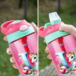 Botella personalizada de 475 ml con nombre diseño de unicornio en acuarela inicial y manzana regalo de cumpleaños para niños