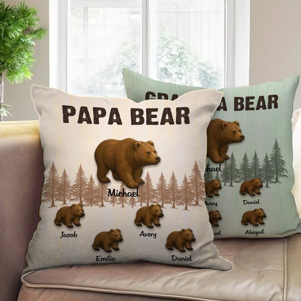 Personalized Papa Bear and 1-12 Kid Bears Soft Throw Pillow Cover with Title and Names Father's Day Birthday Gift for Dad Grandpa