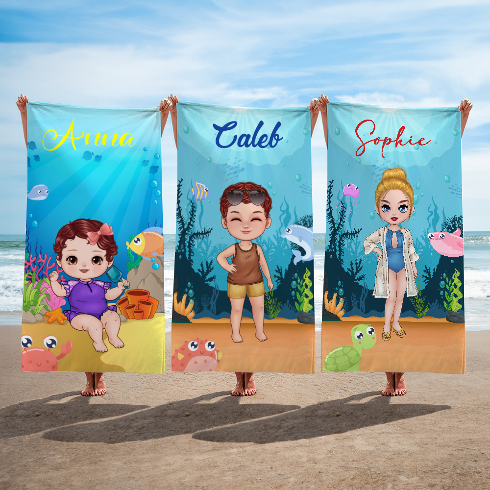 Serviette de Plage à Séchage Rapide Personnalisée avec Nom et Personnage de Dessin Animé Cadeau Anniversaire pour Famille Amis