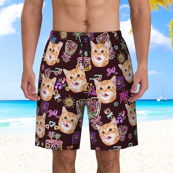 Personalisierte Foto fluoreszierende Flamingo Kokosnuss Baum Hawaiianische Kordelzug Badehose Sommer Reise Urlaub Wesentliche Geburtstagsgeschenk für Männer Teenager