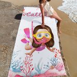 Personalized Cartoon Scuba Diver Quick Dry Oversized Beach Towel and Bag with Name Summer Vacation Beach Party Essentials Birthday Gift for Boys Girls
