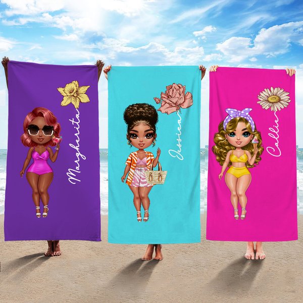 Asciugamano da spiaggia in microfibra personalizzato con nome e fiore di nascita regalo di viaggio e di compleanno per donne