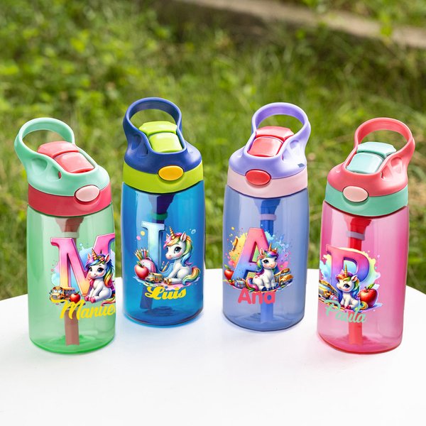Botella personalizada de 475 ml con nombre diseño de unicornio en acuarela inicial y manzana regalo de cumpleaños para niños