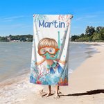 Personalized Cartoon Scuba Diver Quick Dry Oversized Beach Towel and Bag with Name Summer Vacation Beach Party Essentials Birthday Gift for Boys Girls