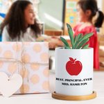 Personalized Apple Pencil Wisdom Icon Ceramic Plant Pot with Text and Bamboo Tray Office Desk Decor Appreciation Week Teacher's Day Gift for Teachers