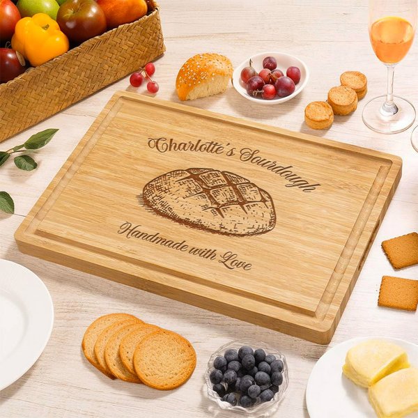 Personalized Engraved Name Sourdough Handmade with Love Charcuterie Cutting Board with Juice Groove Kitchen Decor Birthday Gift for Bakers