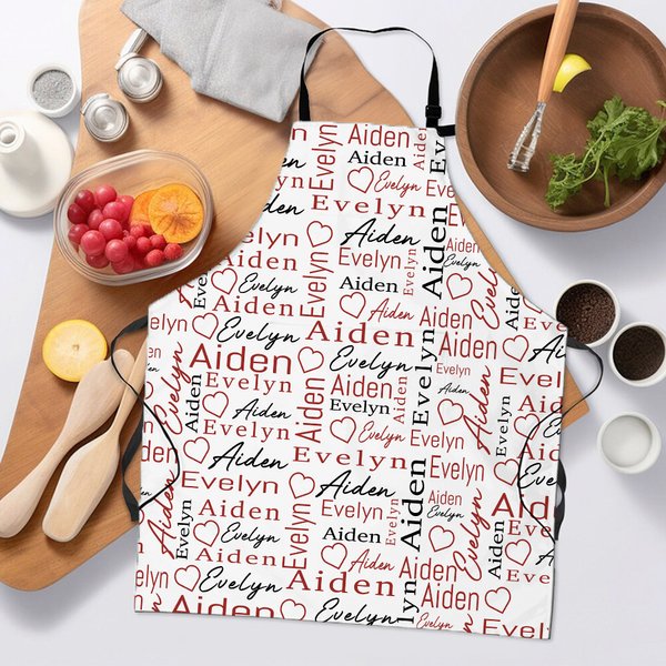 Personalized Full Color Heart Repeating Names Adjustable Waterproof Apron with Pocket Valentine's Day Birthday Gift for Couple Cooking Lover