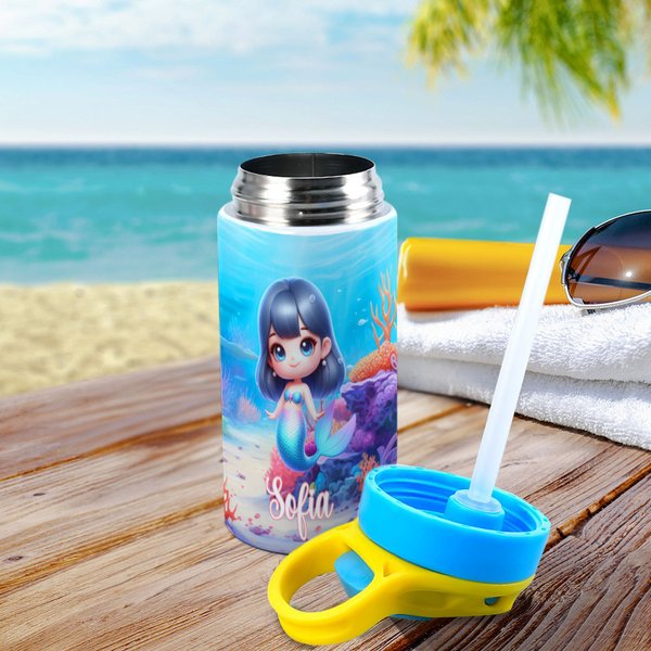 Personalised Fantasy 3D Cartoon Mermaid 12 oz Insulated Water Bottle with Name and Spill-proof Lid Back to School Birthday Gift for Girls