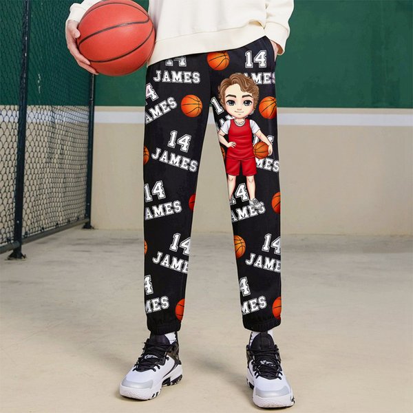 Personalized Multicolor Ball Sports Cartoon Character Sports Sweatpants with Name and Number Game Day Birthday Gift for Men Women