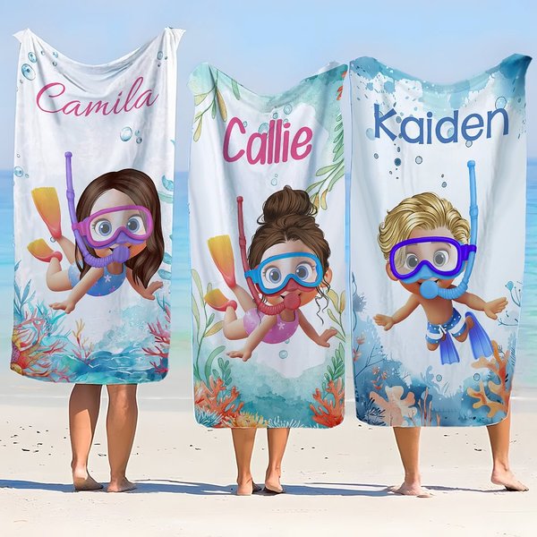 Personalized Cartoon Scuba Diver Quick Dry Oversized Beach Towel and Bag with Name Summer Vacation Beach Party Essentials Birthday Gift for Boys Girls