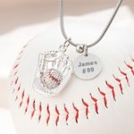 Personalized Inlaid Zircon Baseball Softball Glove Pendant Necklace with Engraved Text and Disc Charm Game Day Birthday Gift for Baseball Boys Girls