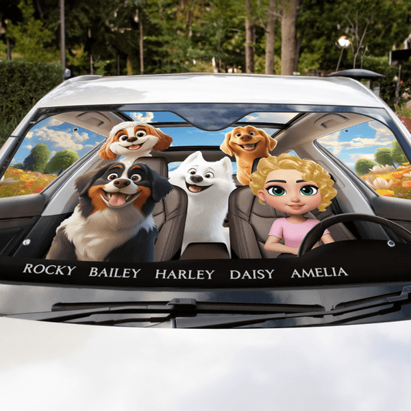 Personalised 1-4 3D Dog Cartoon Character Funny Car Windshield Sun Shade with Names Auto Accessories Travel Birthday Gift for Dog Lovers Car Owners