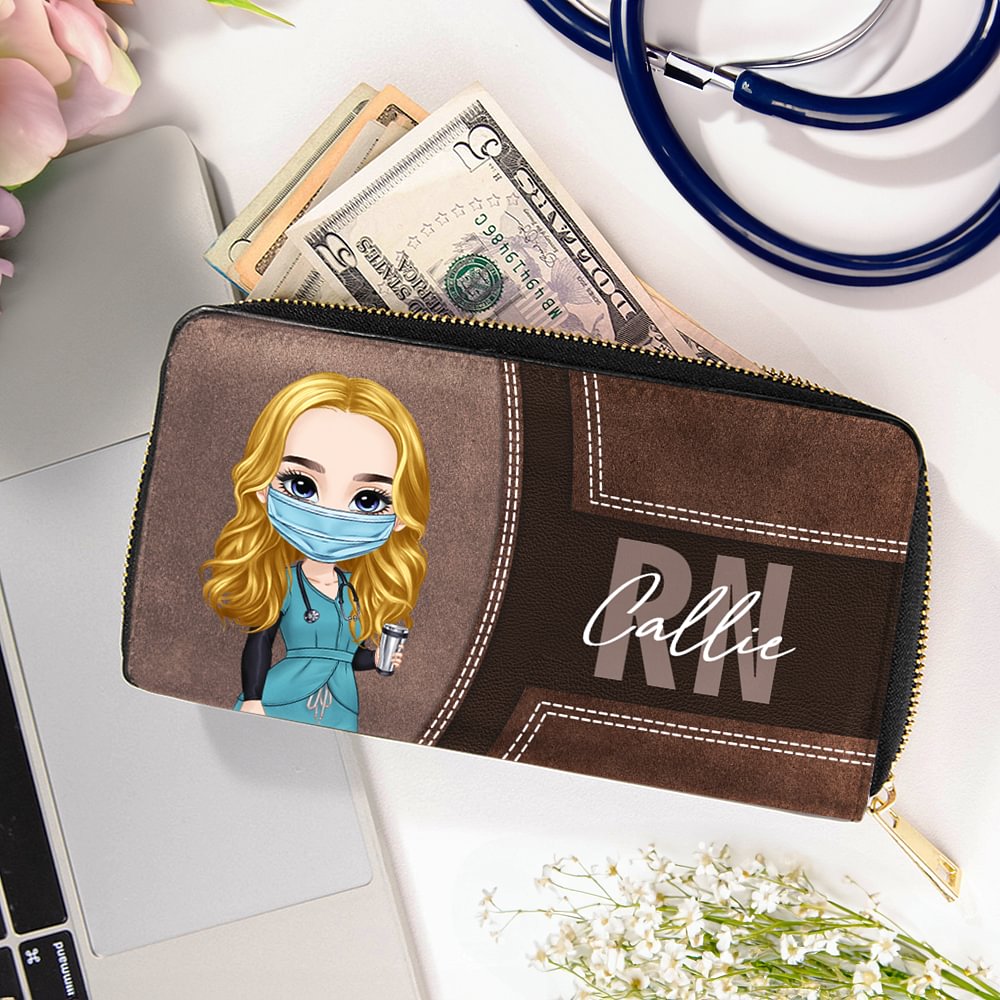 Personnalisé Nom de personnage de dessin animé PU Leather Hand Wallet with Multiple Compartments Thanksgiving Day Birthday Gift for Women Medical Staff