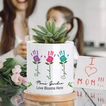 Personalised Colourful Kid 1-12 Palm Mom's Garden Flower Ceramic Plant Pot with Name and Bamboo Base Mother's Day Gift for Mom Grandma
