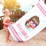 Gepersonaliseerd Schattig 3D Cartoon Zwemmen Karakter Streep Sneldrogend Oversized Strandlaken met Naam Zomer Reizen Essentieel Vakantiecadeau voor Jongens Meisjes