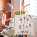 Personalized Colorful Kid Palm Mom's Garden Canvas Tote Bag with 1-12 Kid's Names and Subtitle Mother's Day Birthday Gift for Mom Grandma