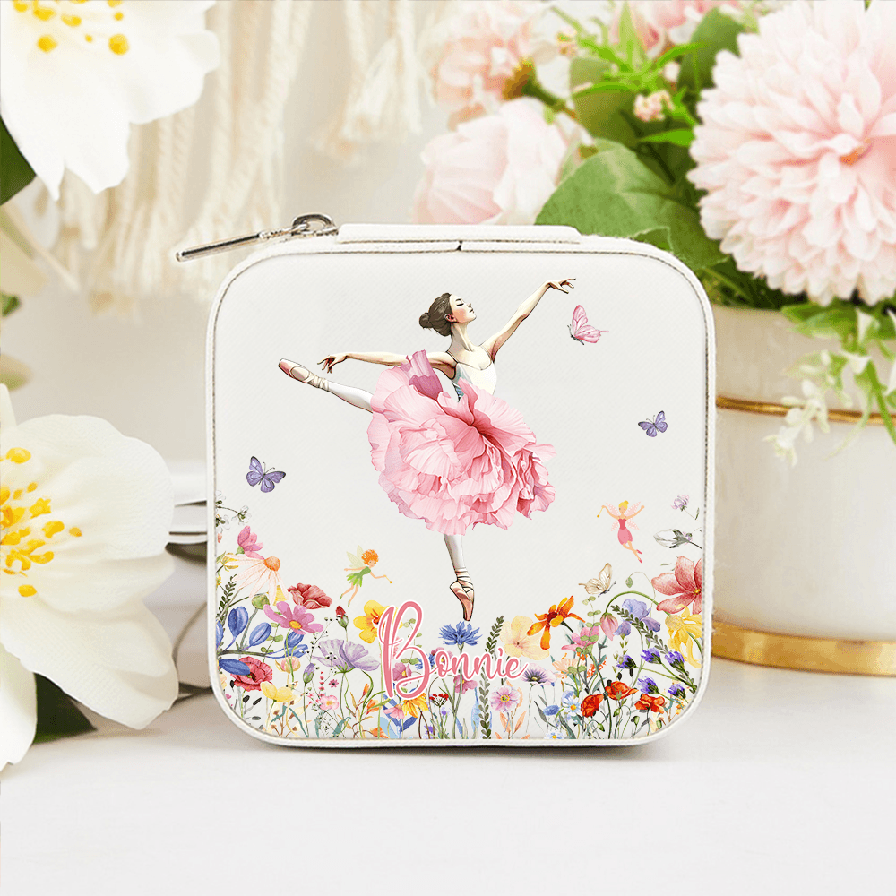 Personalized Watercolor Ballet Girl Butterfly Multi-compartment Jewelry Box with Name and Birth Flowers, Travel Essentials, Gift for Ballet Lovers