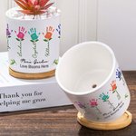 Personalised Colourful Kid 1-12 Palm Mom's Garden Flower Ceramic Plant Pot with Name and Bamboo Base Mother's Day Gift for Mom Grandma