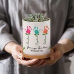 Personalised Colourful Kid 1-12 Palm Mom's Garden Flower Ceramic Plant Pot with Name and Bamboo Base Mother's Day Gift for Mom Grandma