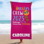 Serviette de plage surdimensionnée à séchage rapide personnalisée avec nom Cousin Crew Multicolore Voyage essentiel Anniversaire Vacances d'été Cadeau pour enfants