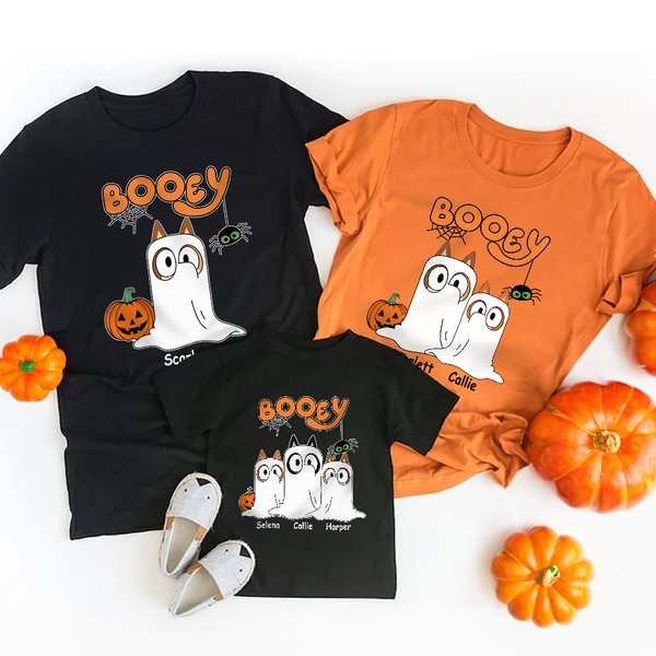 Personalised Booey Cute Dog Ghost Pumpkin 100% Cotton Kid Aldult T-shirt with 1-6 Names Halloween Party Gift for Family Kids Friends