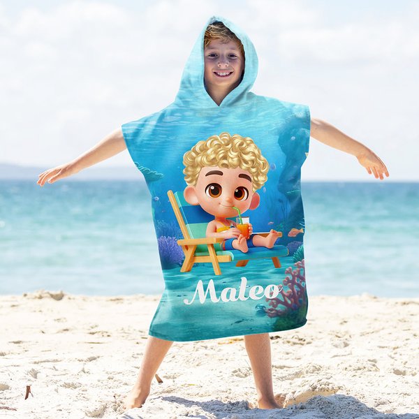 Personlig 3D tecknad karaktär undervattensvärld mjuk snabbtorkande barn huva strandhandduk med namn sommar semester resor födelsedagspresent för pojkar flickor
