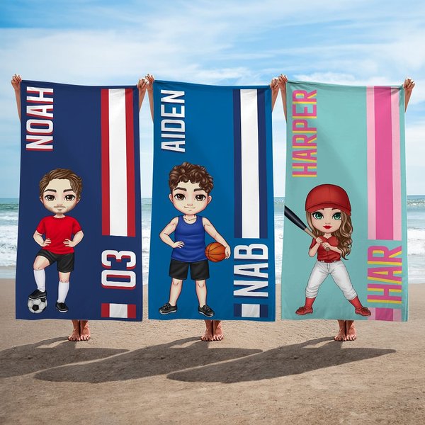 Personalizzato Palla Sport Cartoon Personaggio Monogramma Striscia Asciugatura rapida Asciugamano da spiaggia sovradimensionato con nome Festa in spiaggia Regalo di compleanno per gli amanti dello spo