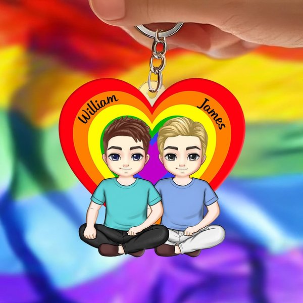 Personalized Cartoon Couple Character Heart Rainbow Keychain with Names Valentine's Day Anniversary Birthday Gift for Him Her