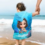 Personlig 3D tecknad karaktär undervattensvärld mjuk snabbtorkande barn huva strandhandduk med namn sommar semester resor födelsedagspresent för pojkar flickor