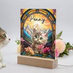 Gepersonaliseerd gebrandschilderd glas Hond Kat Portret Acryl Nachtlampje met naam en houten basis Home Decor Verjaardagscadeau voor huisdiereigenaren