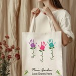 Personalized Colorful Kid Palm Mom's Garden Canvas Tote Bag with 1-12 Kid's Names and Subtitle Mother's Day Birthday Gift for Mom Grandma