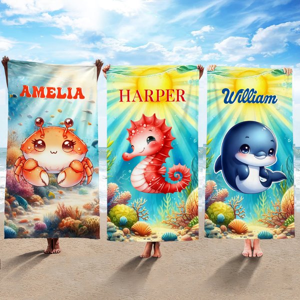 Personalizzato Mondo Sommerso Carino Cartoon Animali Marini Morbido Asciugatura Rapida Asciugamano da Spiaggia Sovradimensionato con Nome Festa Piscina Spiaggia Regalo di Compleanno per Bambini