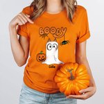 Personalized Booey Cute Dog Ghost Pumpkin 100% Cotton Kid Aldult T-shirt with 1-6 Names Halloween Party Gift for Family Kids Friends